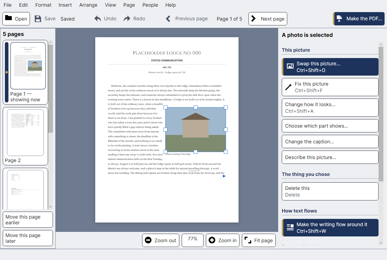 The editor with a photograph selected. A panel down the right-hand side is headed A photo is selected and lists what can be done to it, each with a short explanation.
