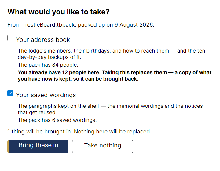 The bring-in-a-pack window, listing what is inside a predecessor's pack and what taking it would replace.