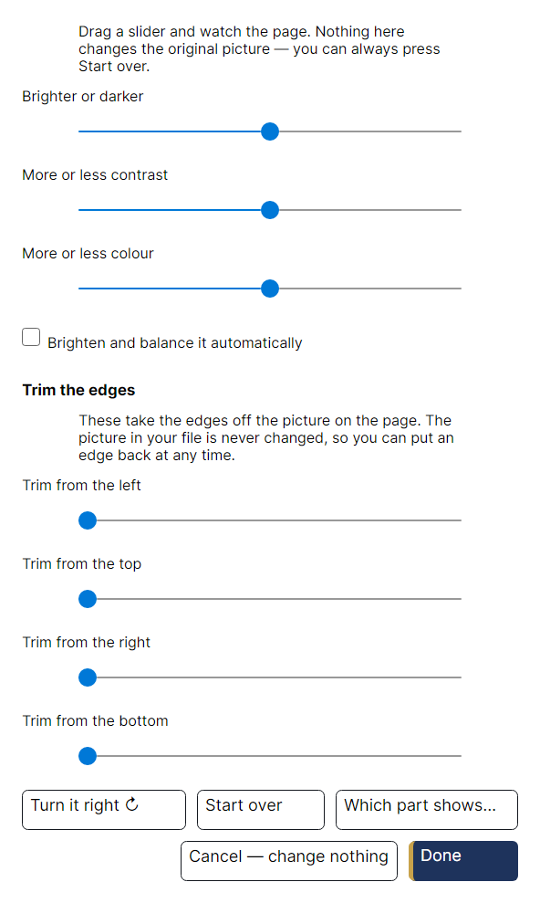 The photograph adjustment window: three large sliders for brighter or darker, more or less contrast, and more or less colour, above buttons to turn the picture a quarter turn or start over.