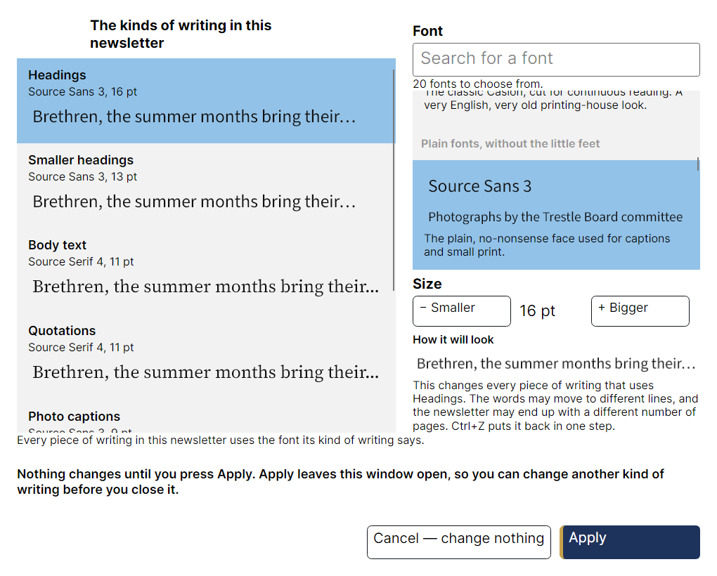 The fonts and text styles window. On the left are the kinds of writing in this newsletter, such as Body text and Cover title; on the right a list of typefaces, each shown in its own face, and a preview of the user's own words.