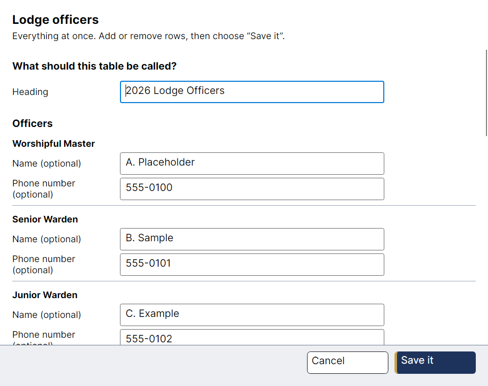The list editor, showing every lodge officer at once in large rows, with Add and Remove buttons beside them.