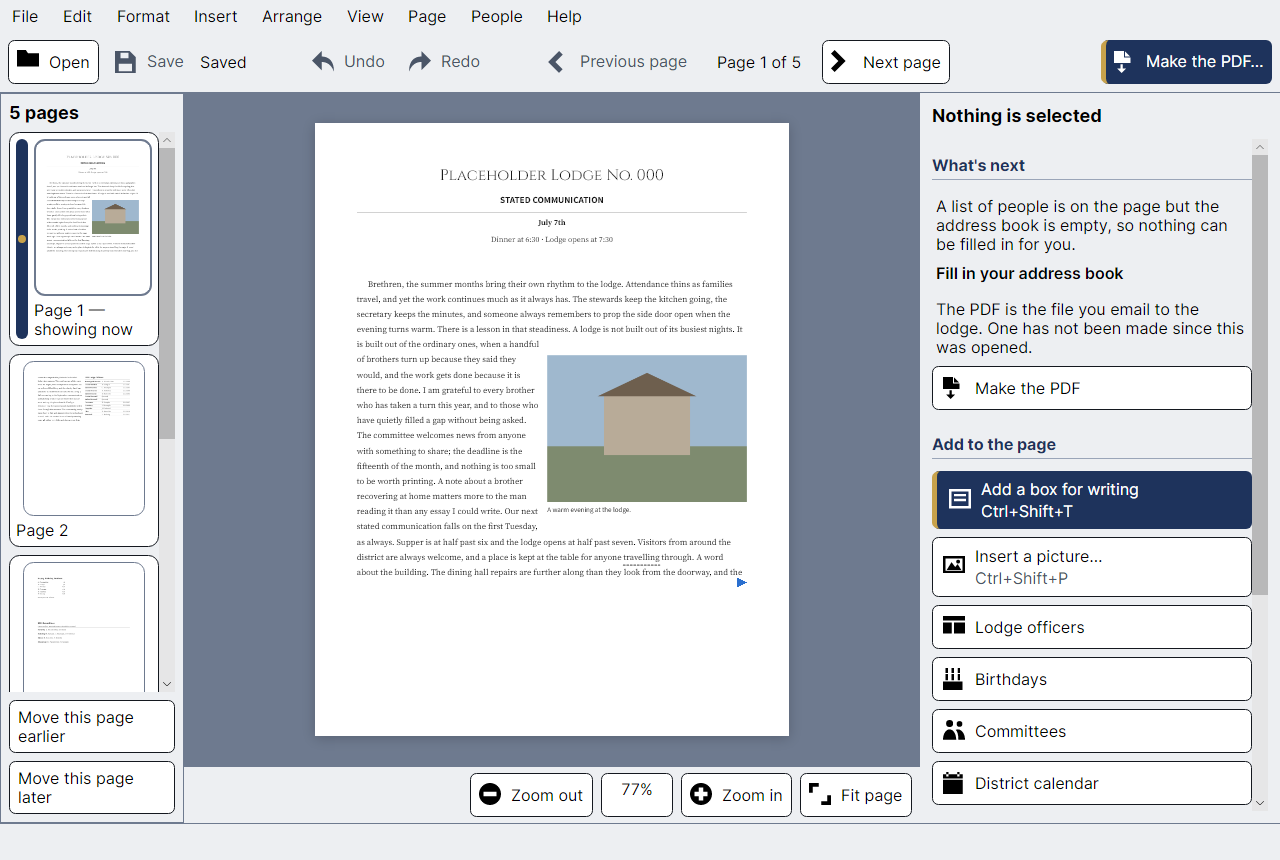The TrestleBoard editor showing the front page of a newsletter: a cover heading, an article, and a photograph with the text flowing around it. Down the left is a column of small pages; down the right, a panel listing what this issue still needs.