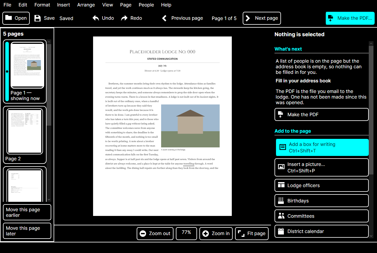 The same newsletter page shown in the high-contrast theme: white text on black chrome, with the page itself still white paper.