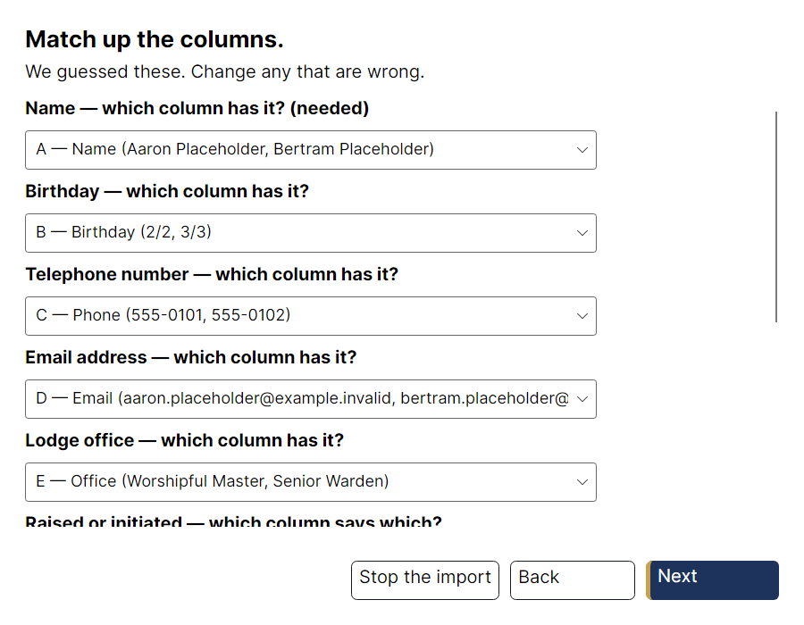 The import window asking which column of the spreadsheet holds each piece of information — name, birthday, telephone — with the guesses already filled in.