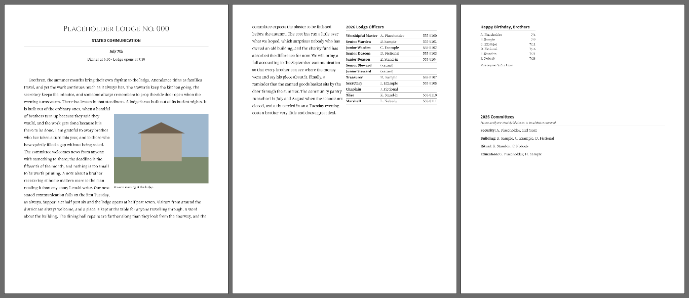 Three pages of the finished newsletter side by side as they appear in the exported PDF: the cover, the officers page, and the birthdays and committees page.