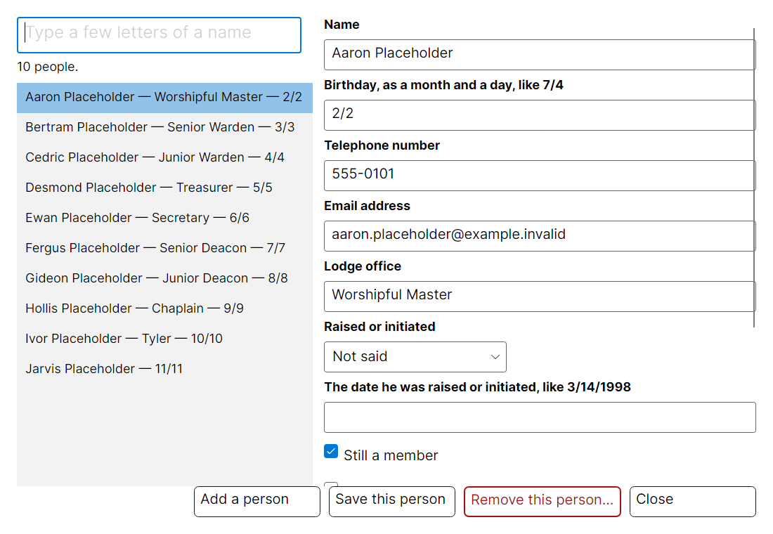 The people window, listing members of the lodge with their office and birthday, a large search box above them and a form on the right for correcting a detail.