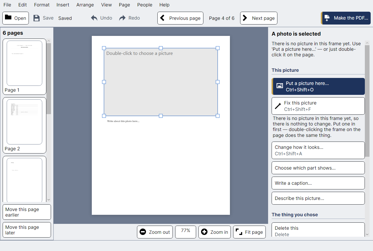 A newsletter page from a template with empty photograph frames, each saying in words what kind of picture belongs in it.