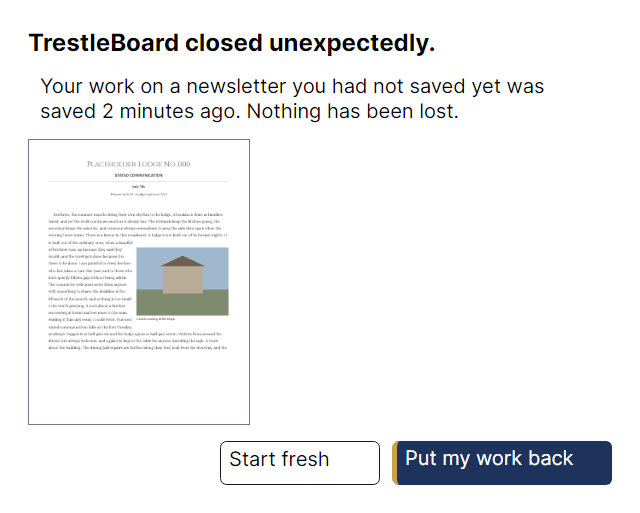 The restore window after an unexpected shutdown, offering the unsaved newsletter back with a thumbnail of its first page and the time it was last saved.