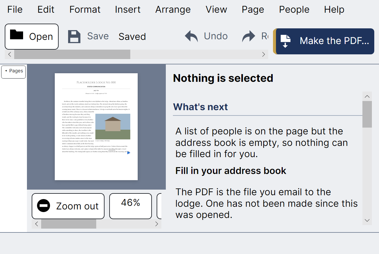 The same newsletter page with the menus, buttons and panel text at twice their usual size, and the page itself unchanged.