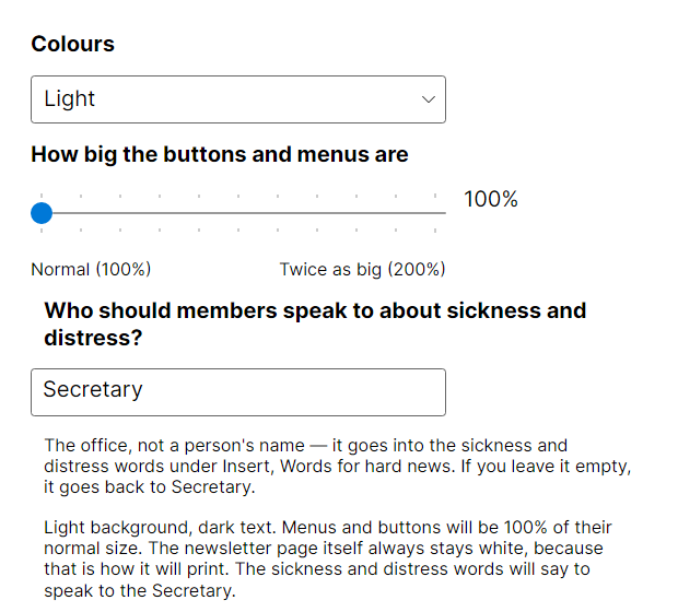 The how-things-look window, offering a theme and a size for the app's own text, both as large controls.