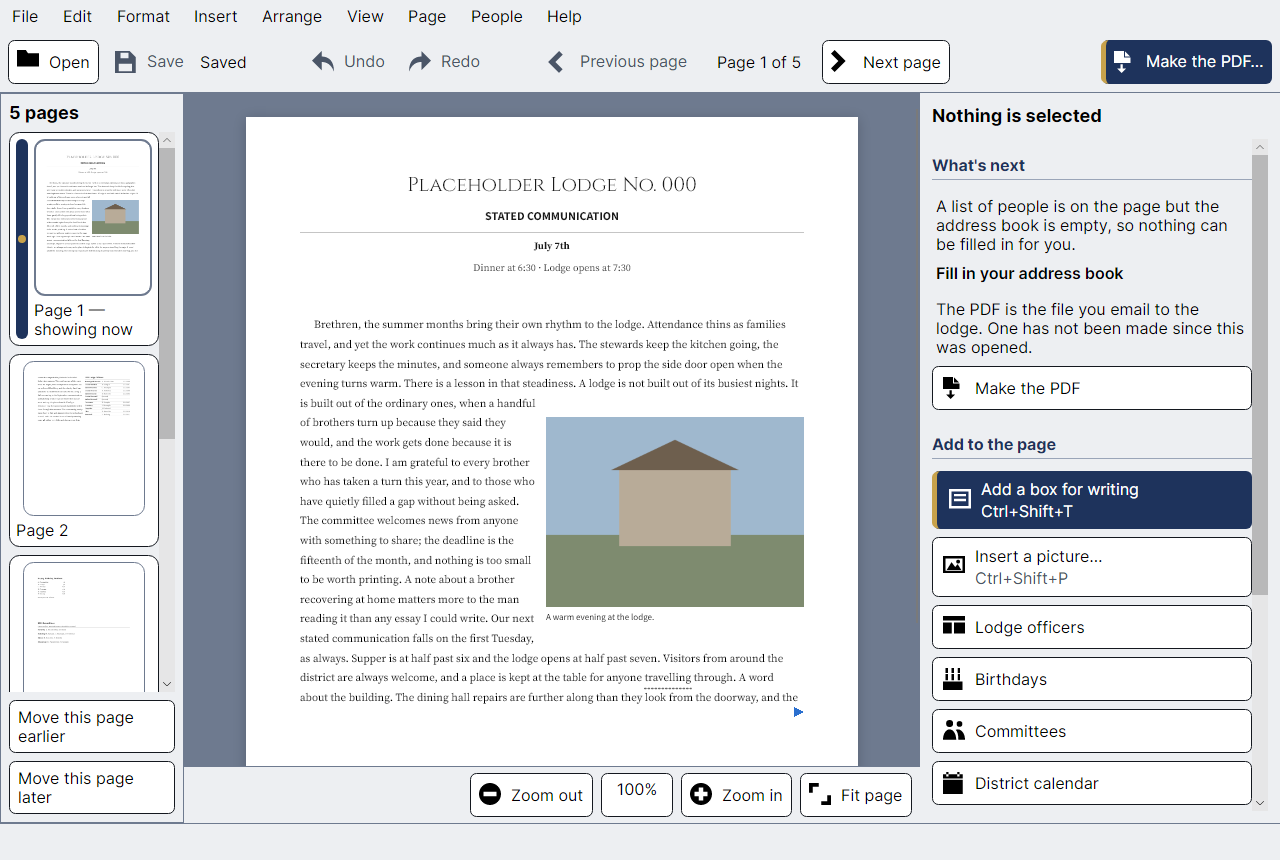 A close view of a newsletter page where the paragraphs break around a photograph, leaving a clean margin down the side of the picture.