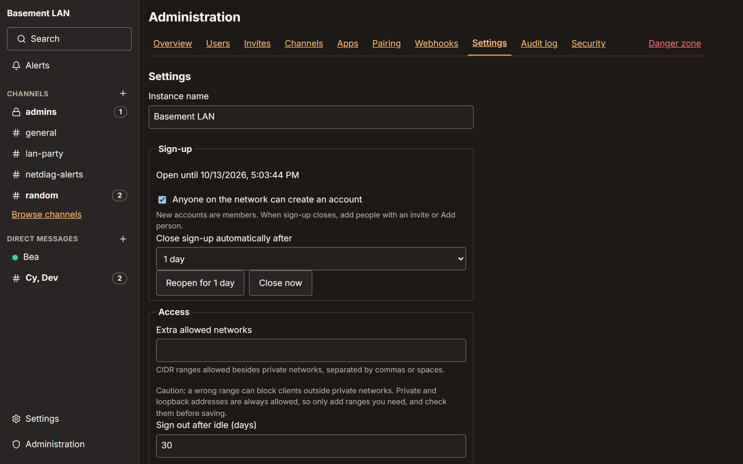 The admin settings page with the Sign-up section showing that sign-up is open until a set time, with Reopen and Close now buttons