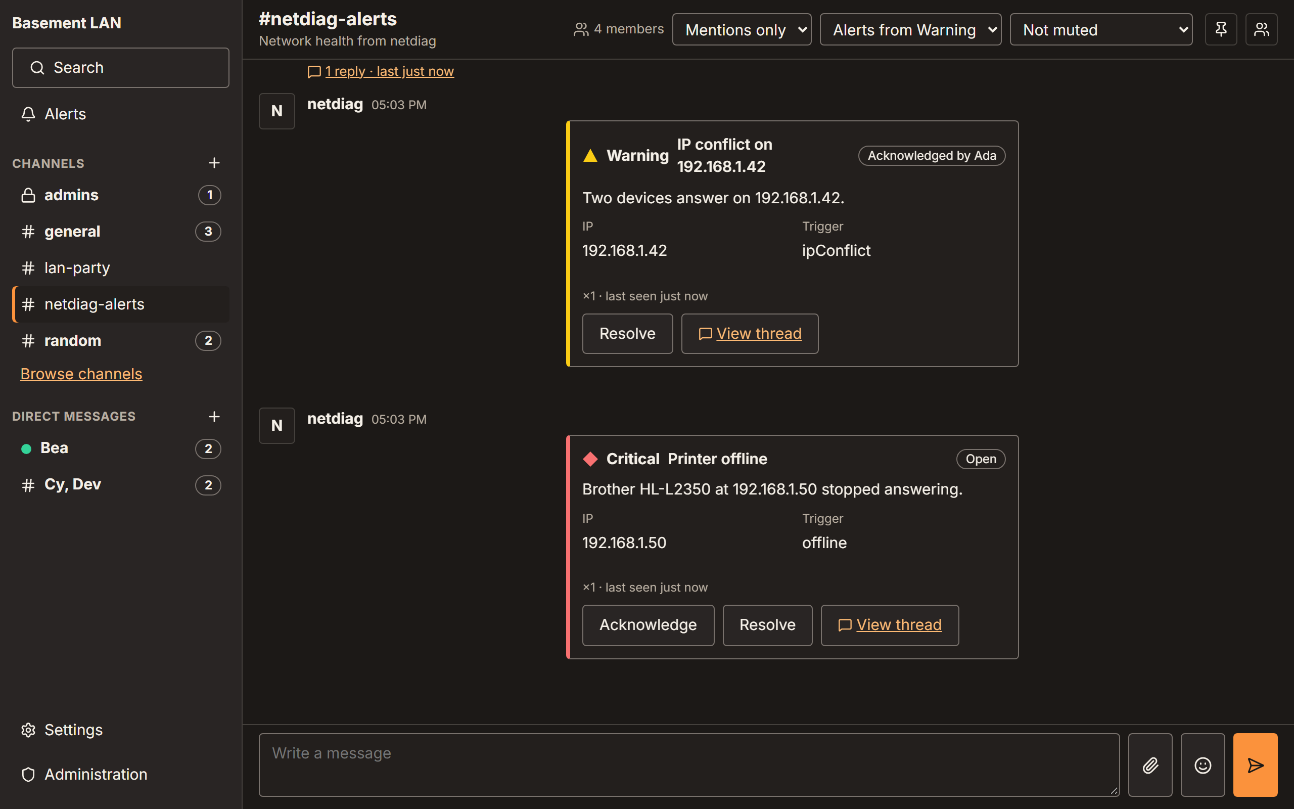 The #netdiag-alerts channel with critical, warning and info alerts from netdiag