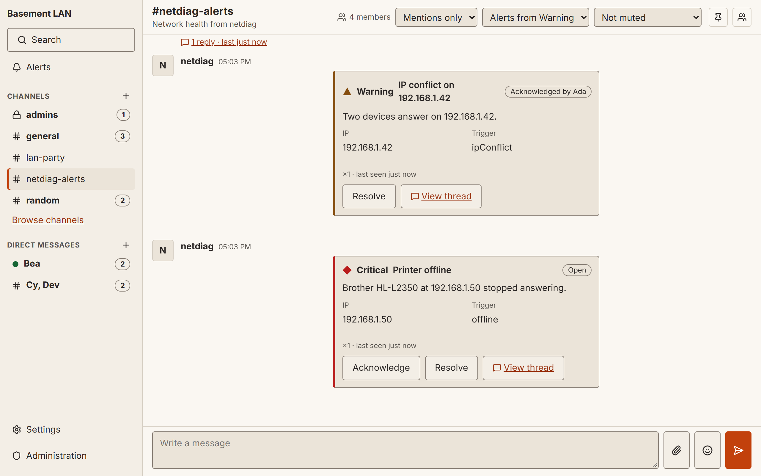 The #netdiag-alerts channel in the light theme