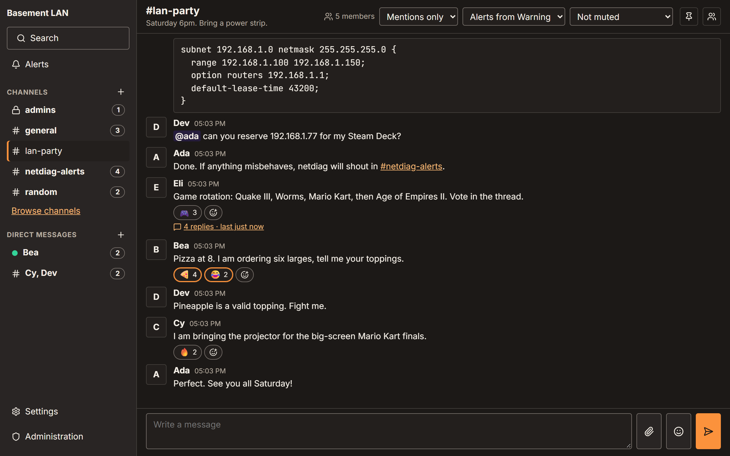 A busy bubbles channel in the dark theme: messages from several people, reactions, a code block and a thread
