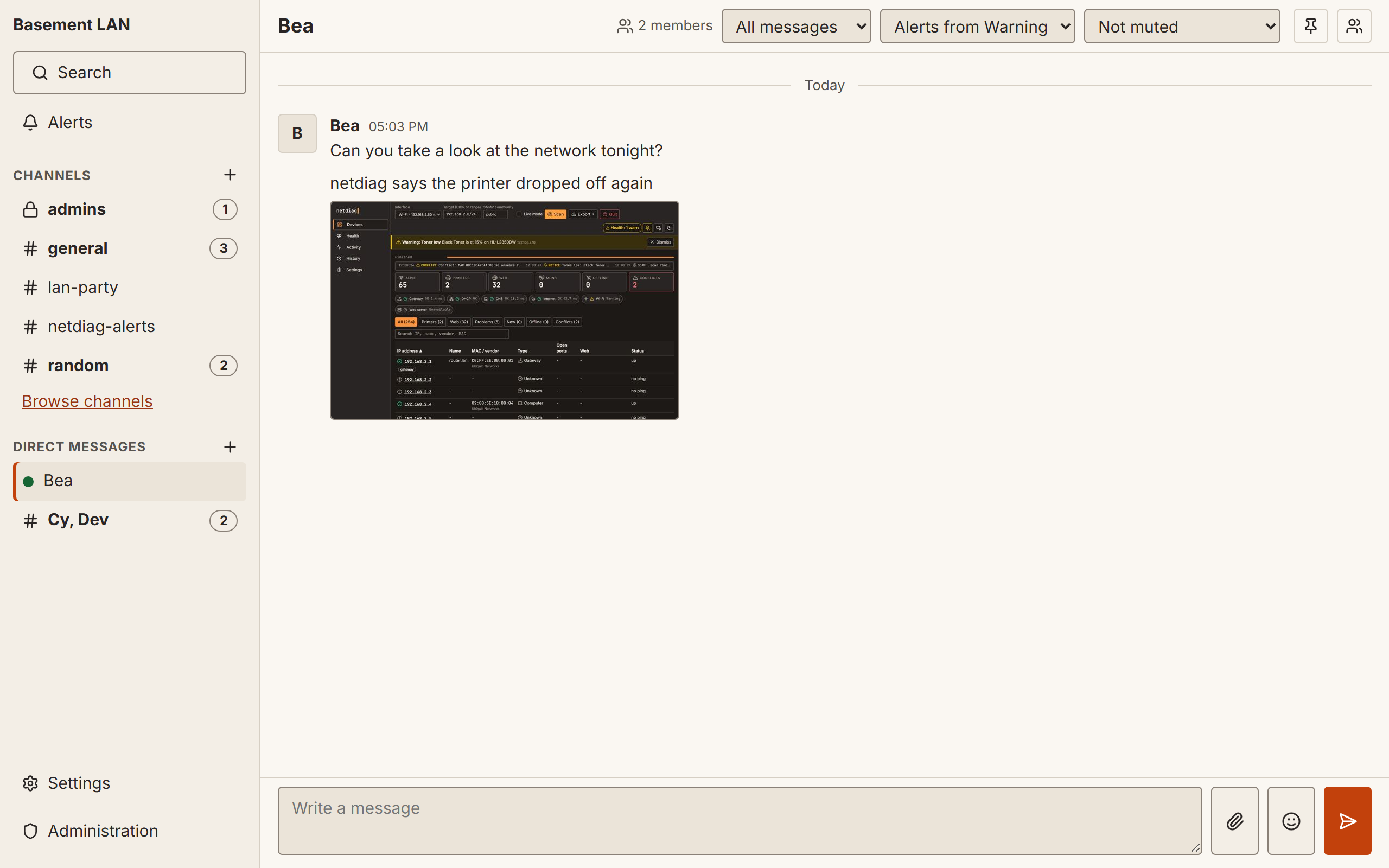 A direct message in the light theme with a shared netdiag screenshot shown inline
