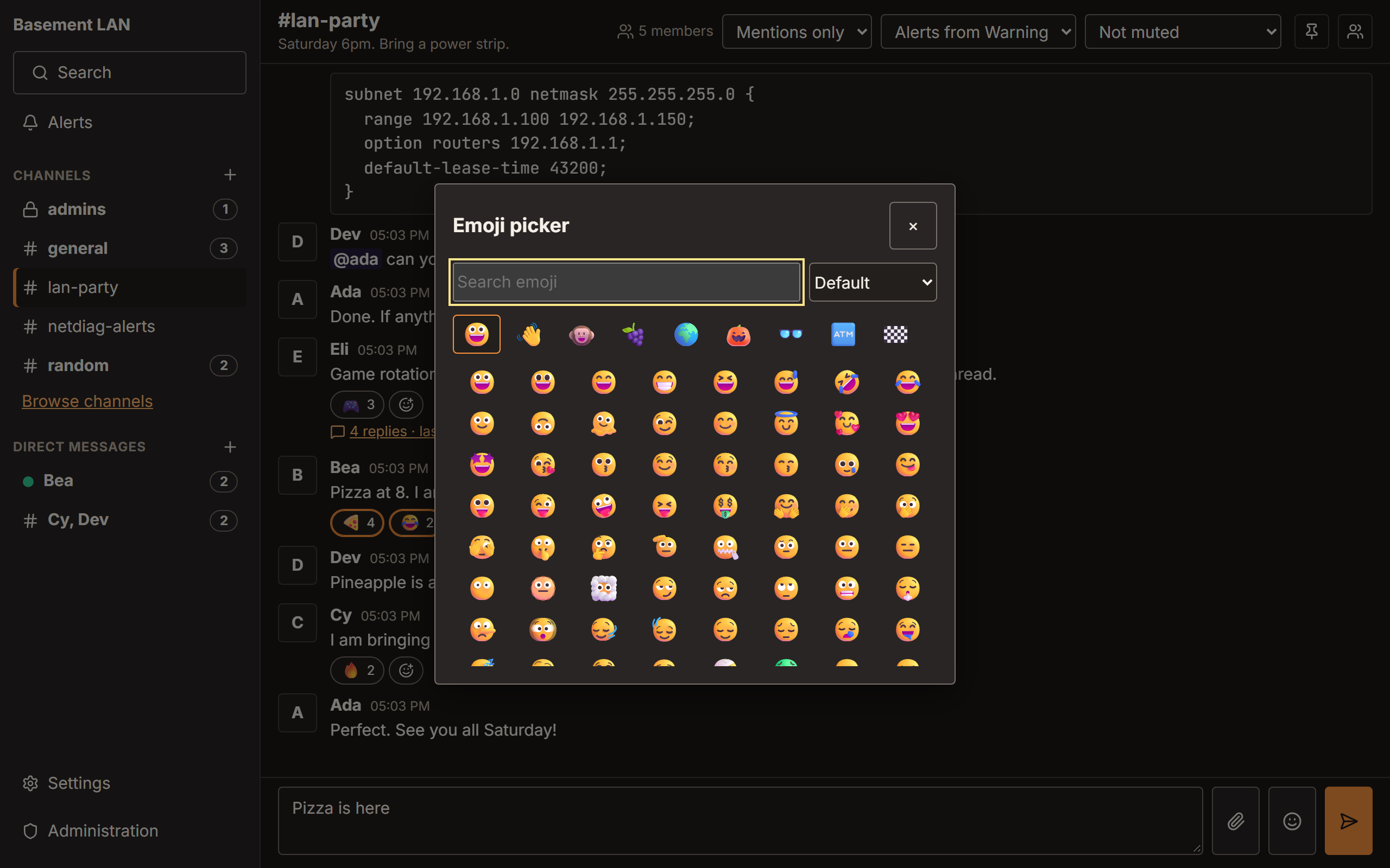 The emoji picker open above the message composer