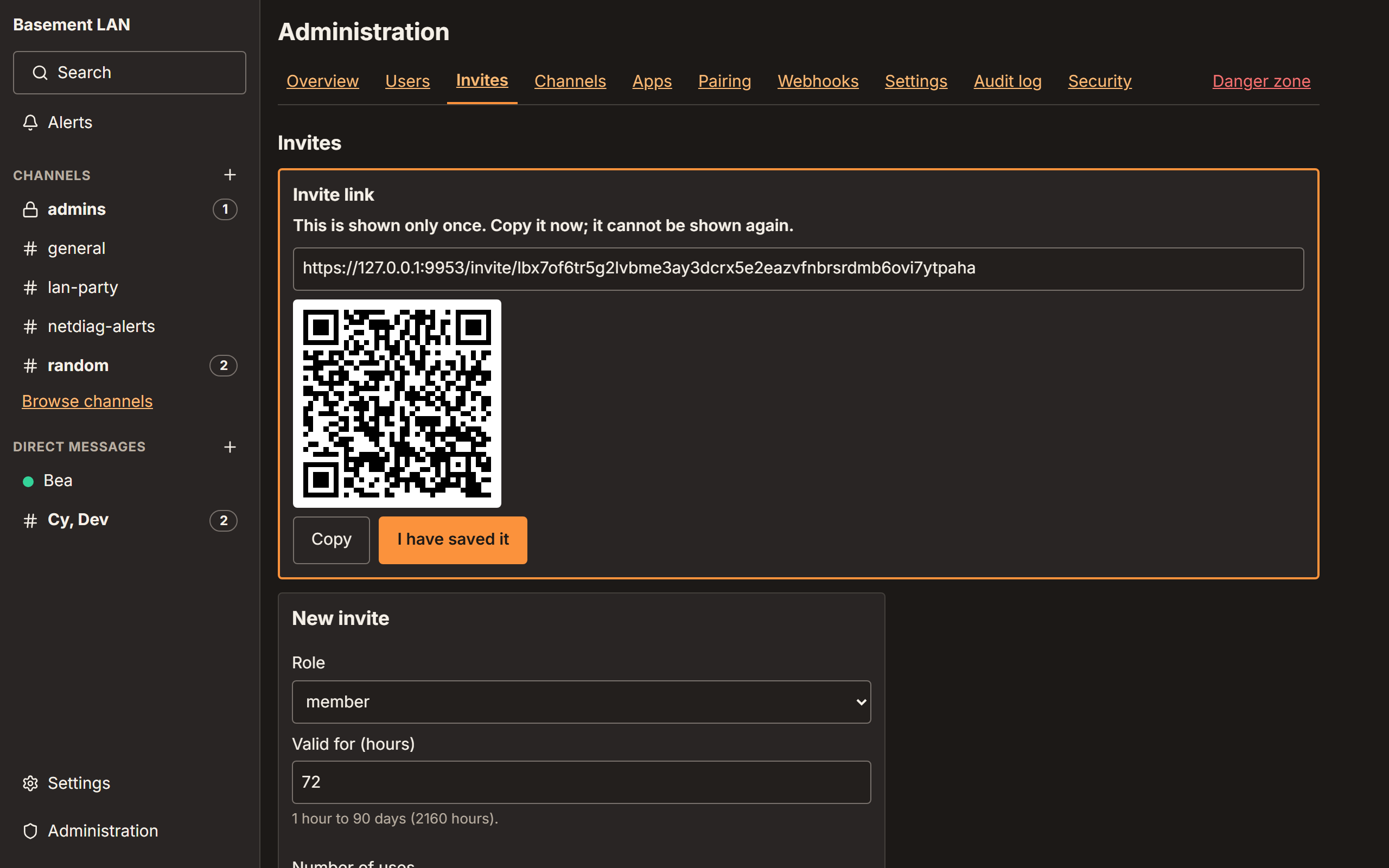 An admin invite with its link and QR code