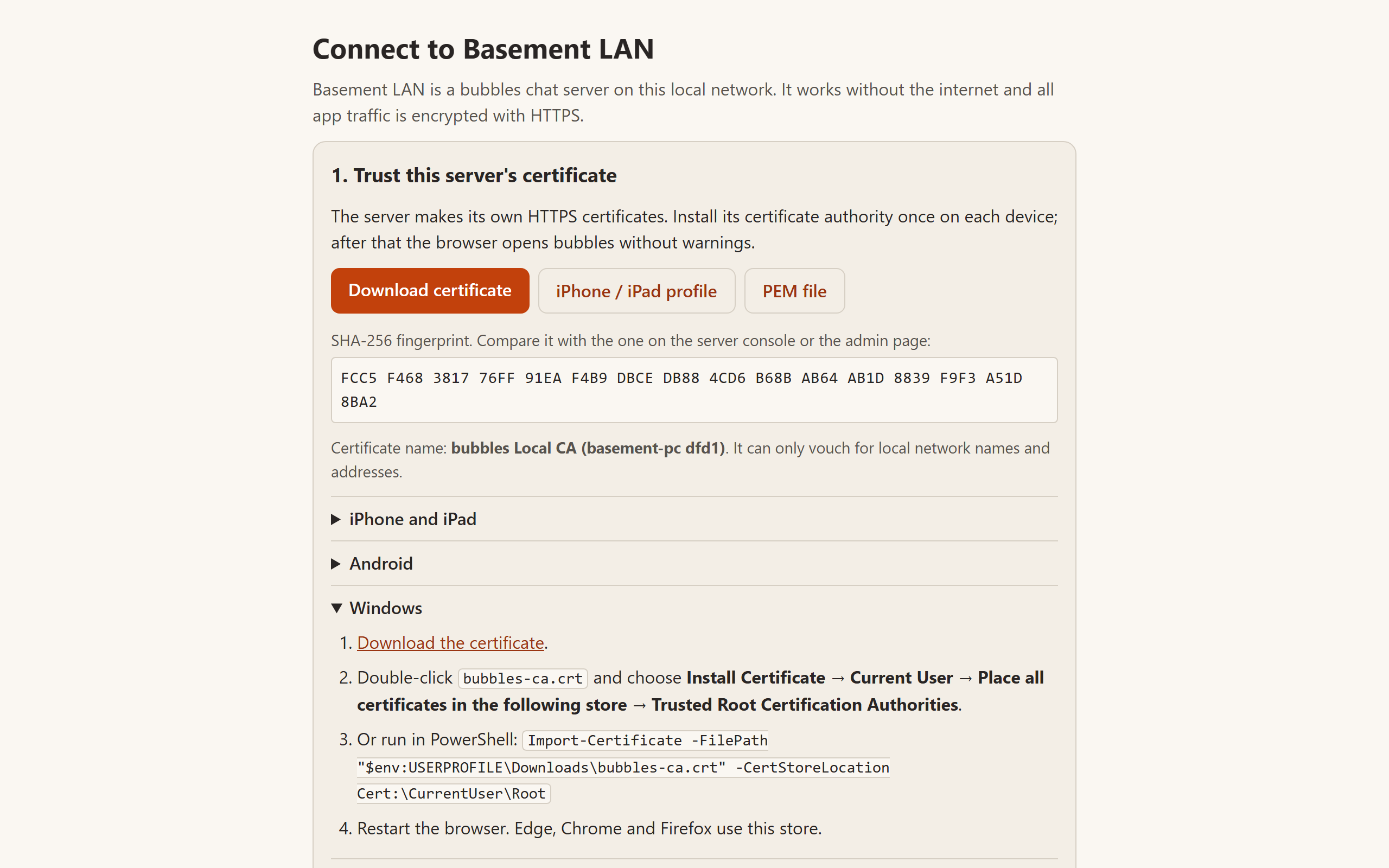 The onboarding page for Basement LAN: download the local certificate authority, check its fingerprint, and follow the steps for your device