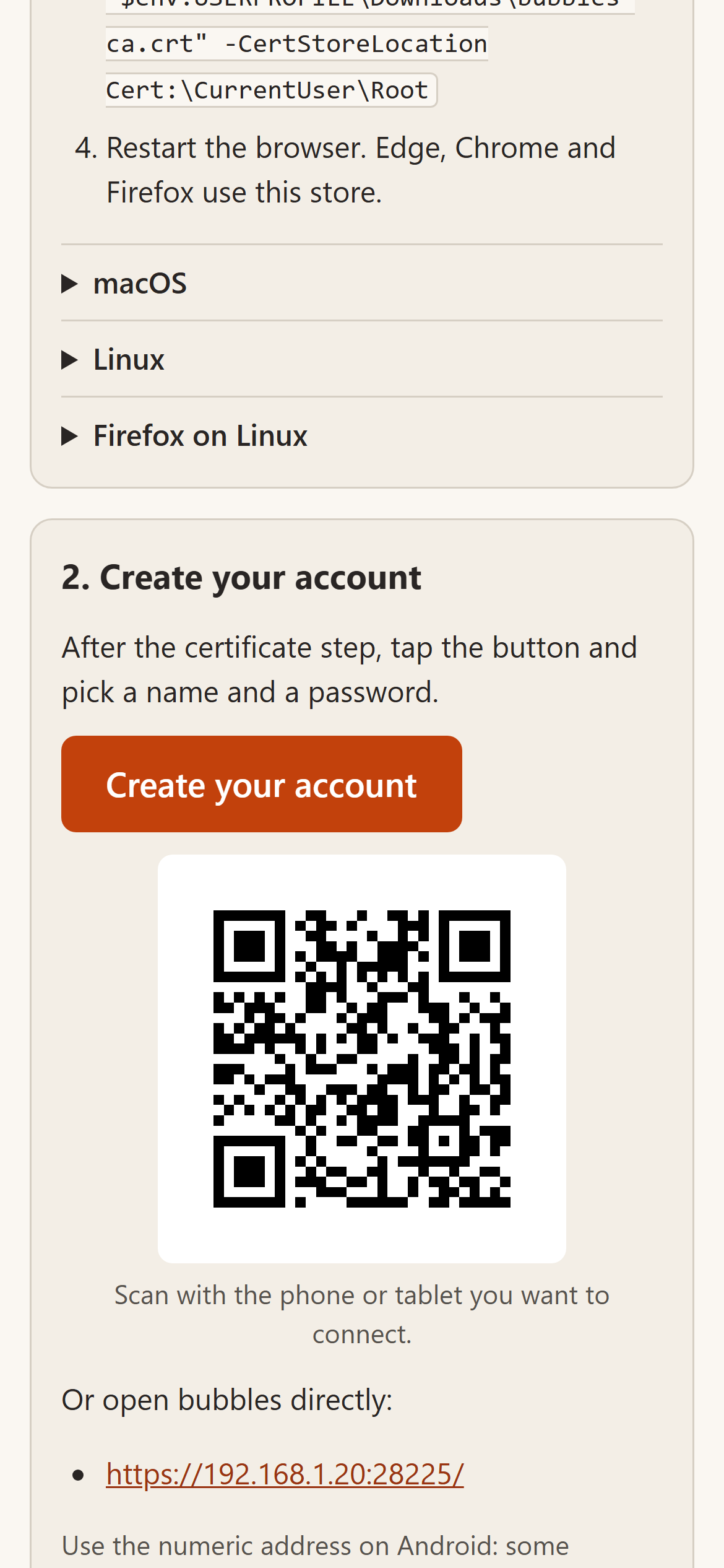 The onboarding page on a phone with a Create your account button and a QR code for the server address