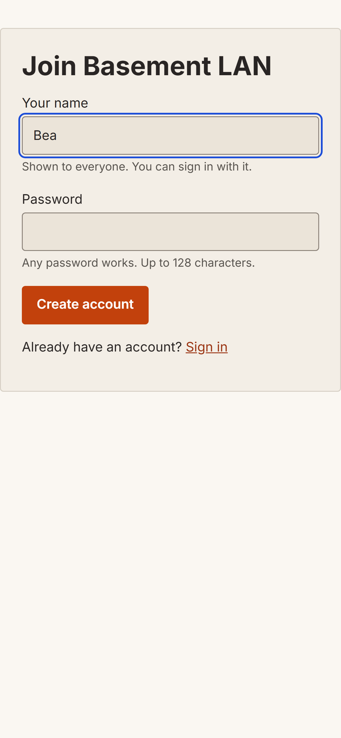 The register page on a phone asking for a name and a password