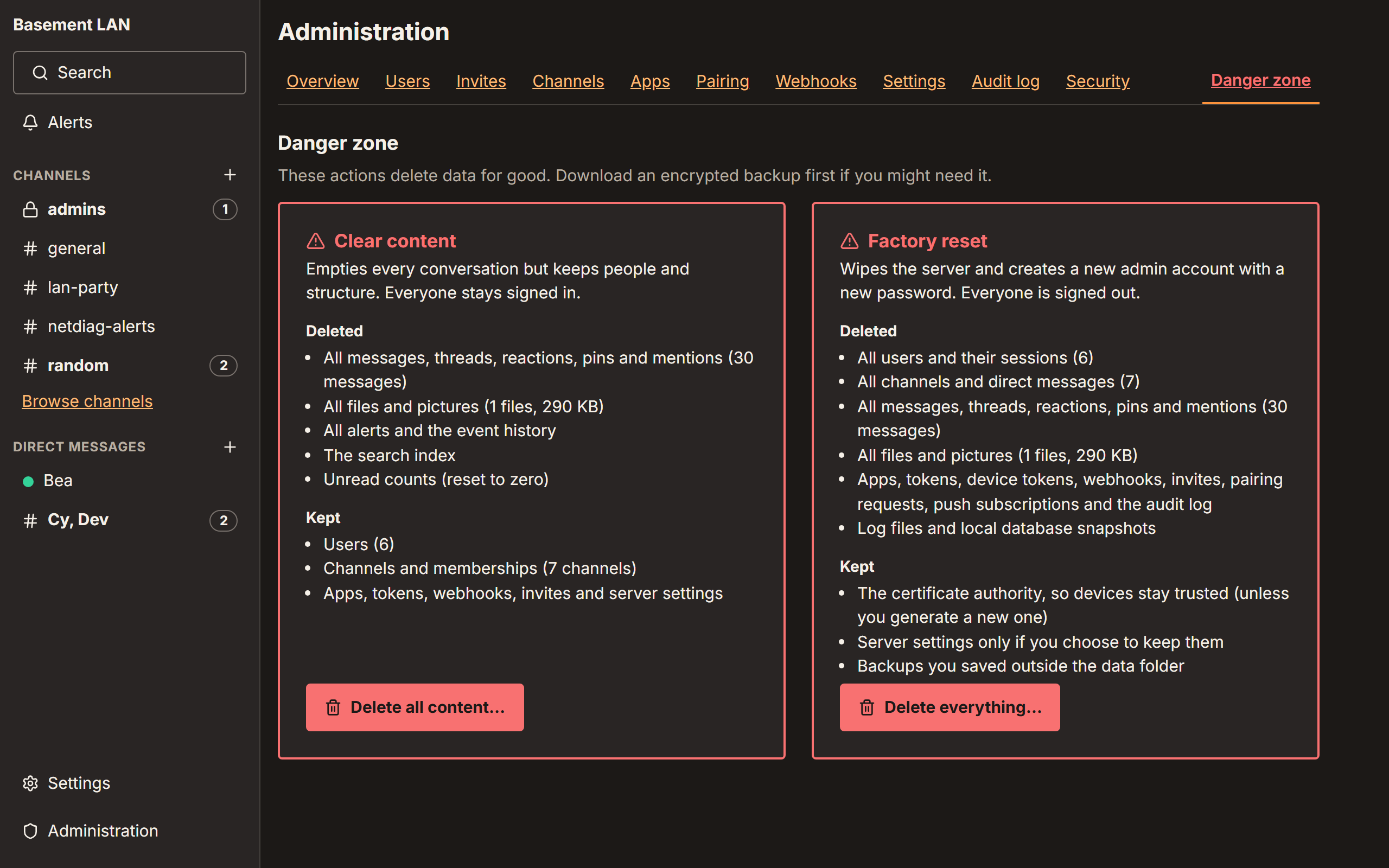 The admin Danger zone with Delete all content and Delete everything actions