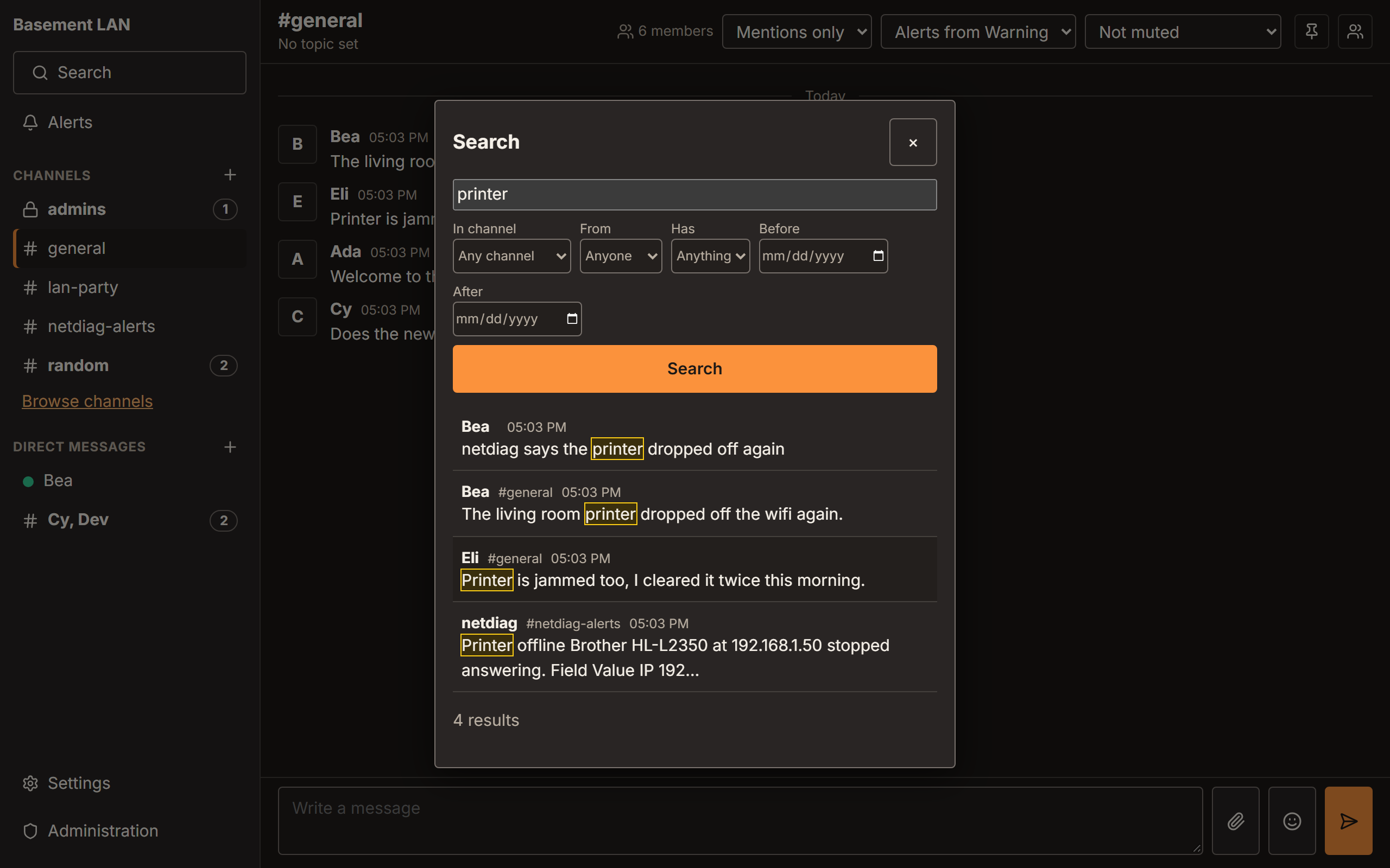 Search results for printer across several channels