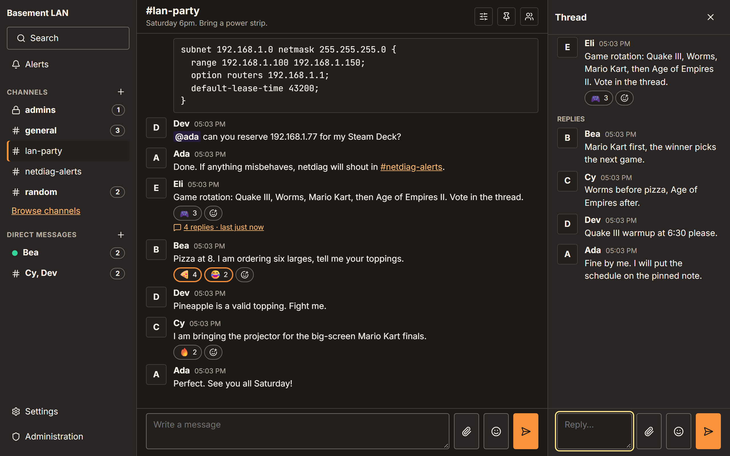 A channel with the thread panel open beside it, showing several replies