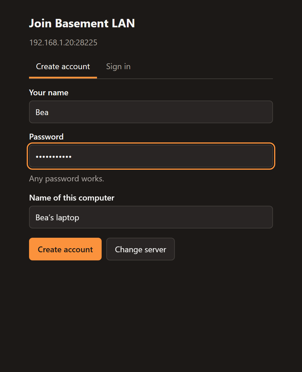 The tray app account form with a name and a password filled in (dark theme)