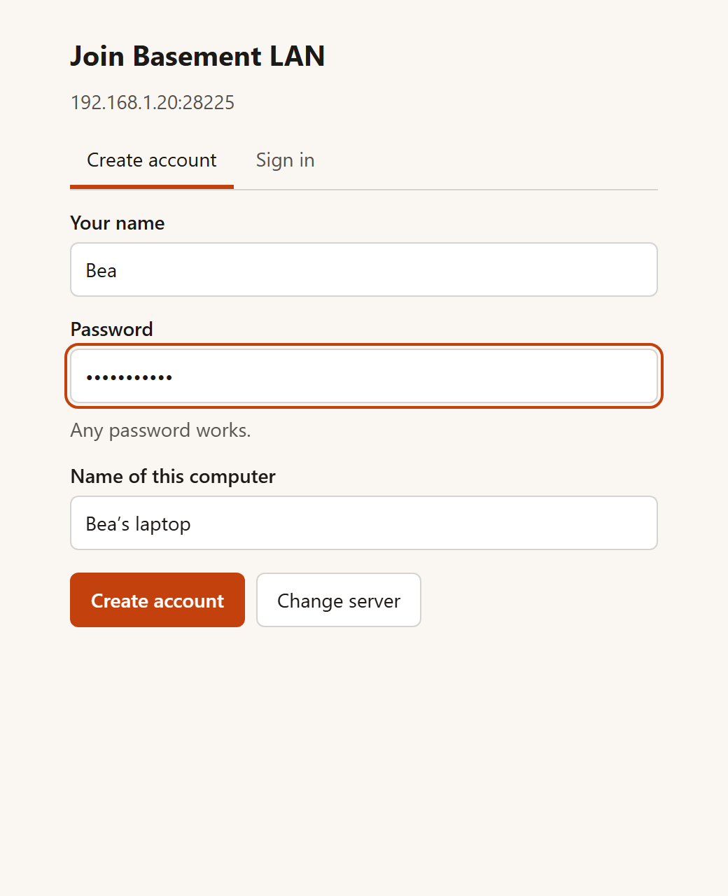 The tray app account form with a name and a password filled in (light theme)