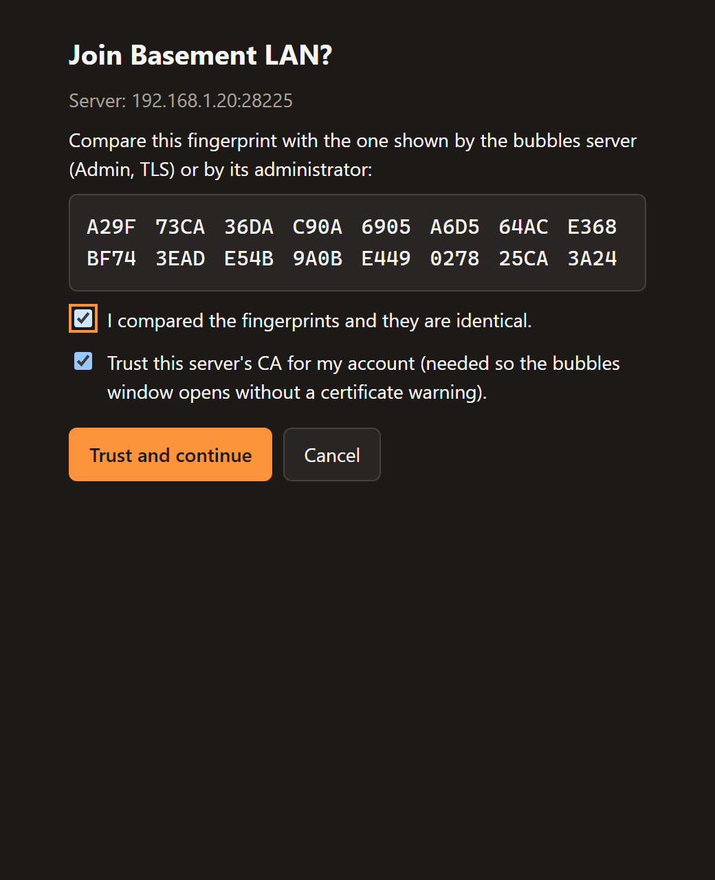 The tray app asking you to compare the certificate fingerprint before joining Basement LAN (dark theme)