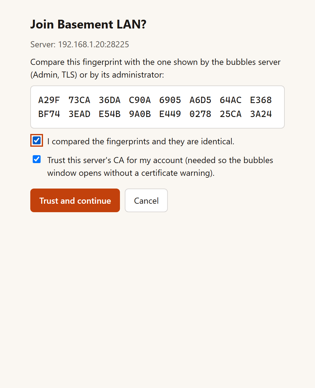 The tray app asking you to compare the certificate fingerprint before joining Basement LAN (light theme)