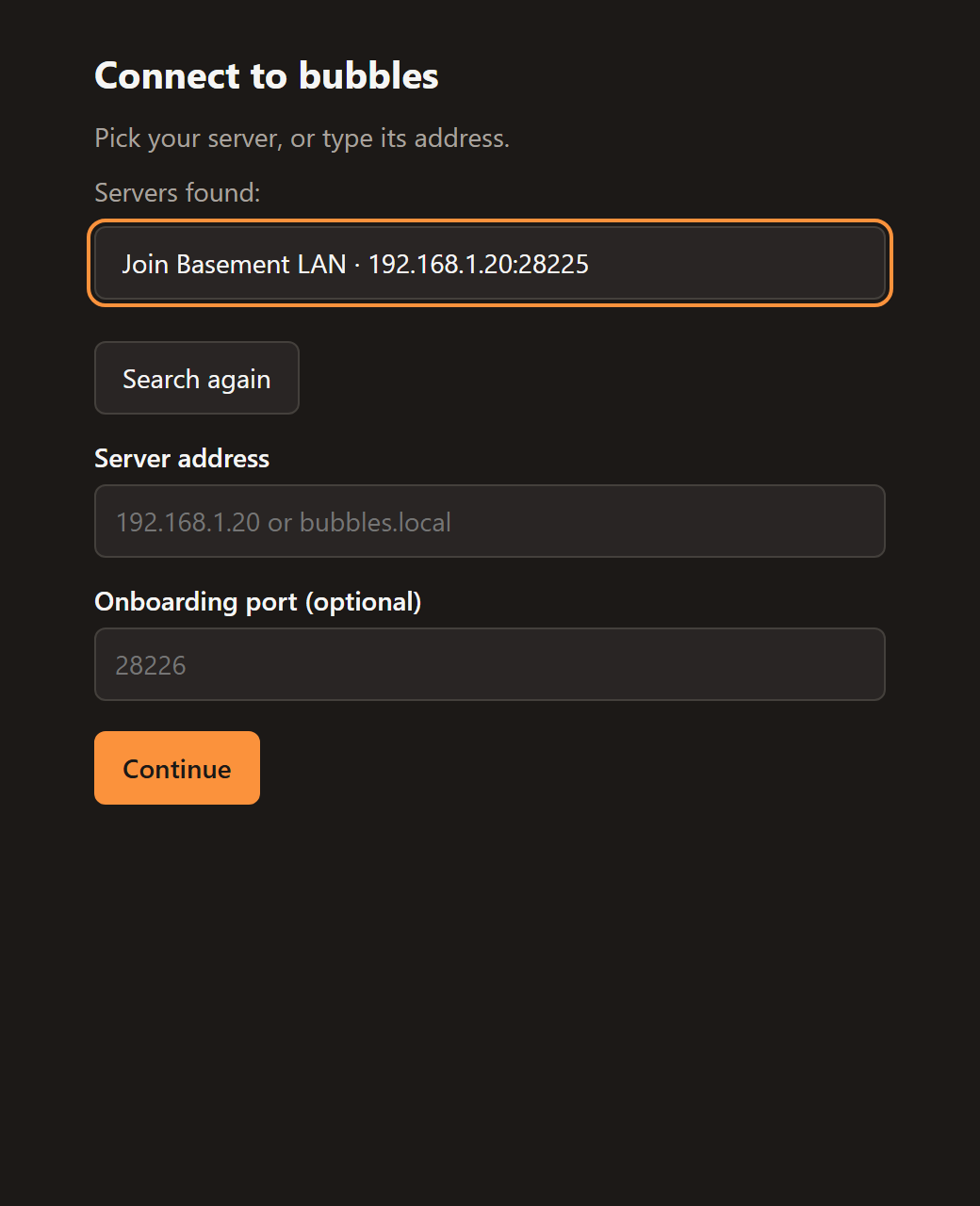 The bubbles tray app listing Basement LAN as a server found on the network (dark theme)