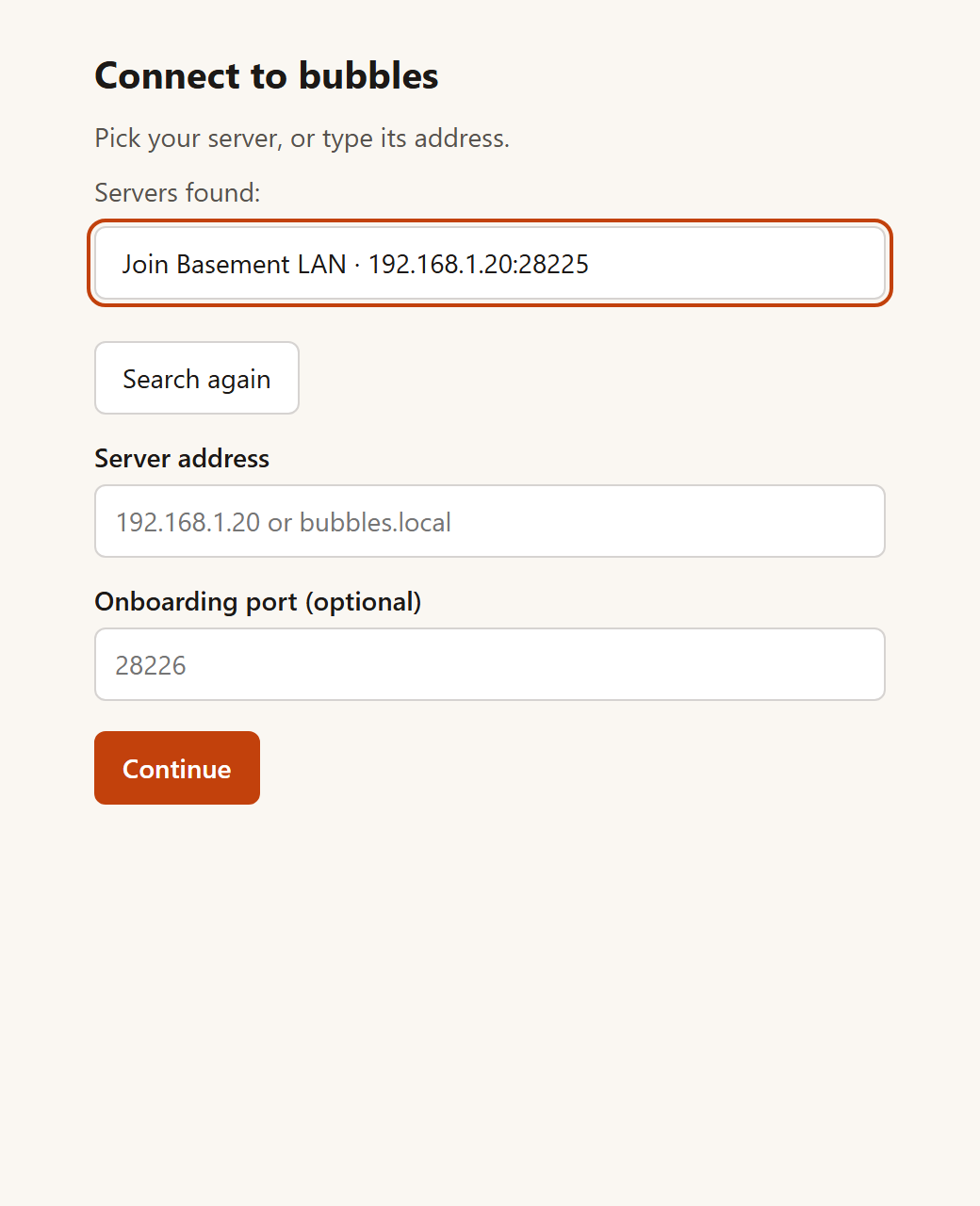 The bubbles tray app listing Basement LAN as a server found on the network (light theme)