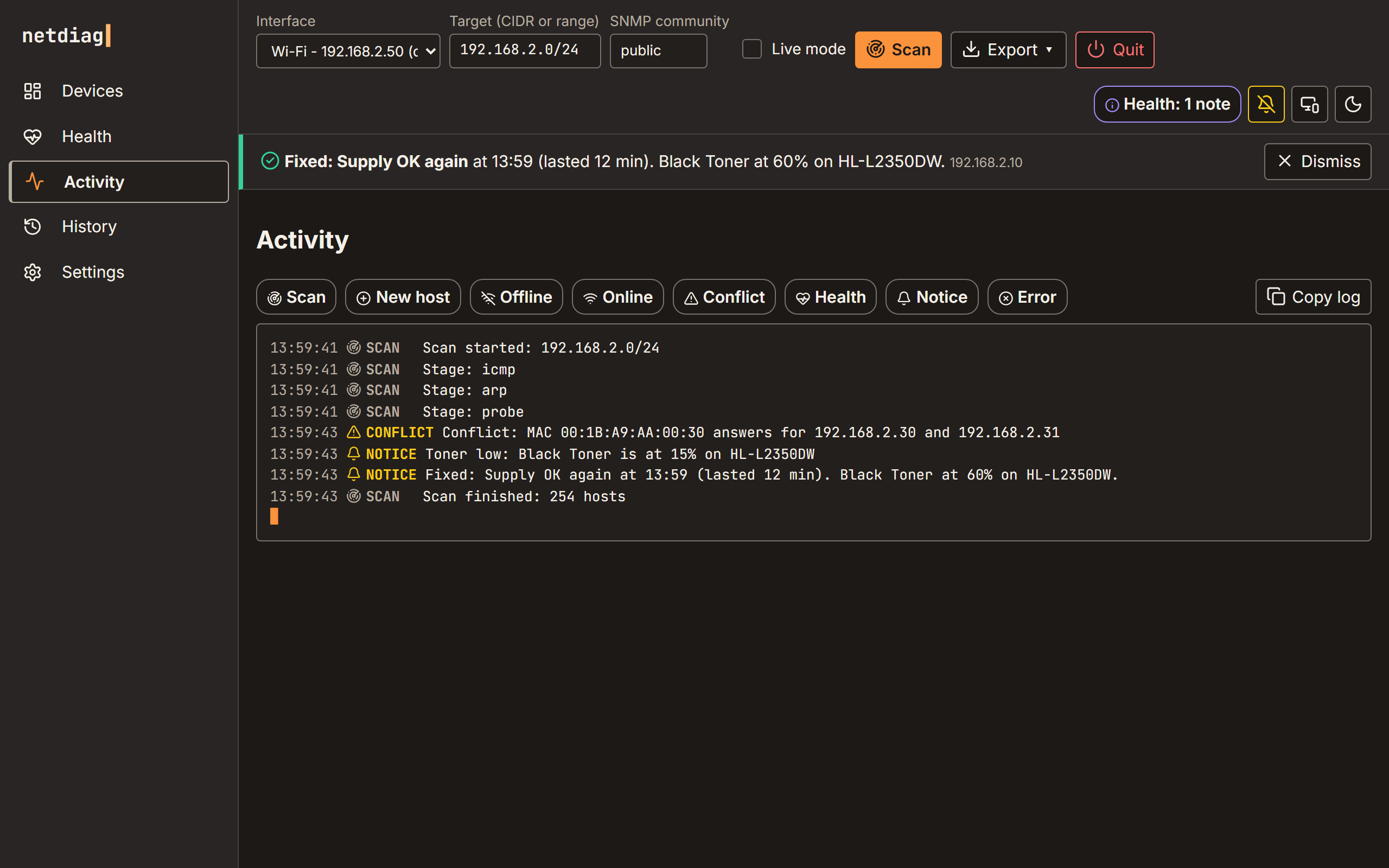 Activity log showing scan stages, an IP conflict, a toner-low notice and the Fixed line when the toner was replaced