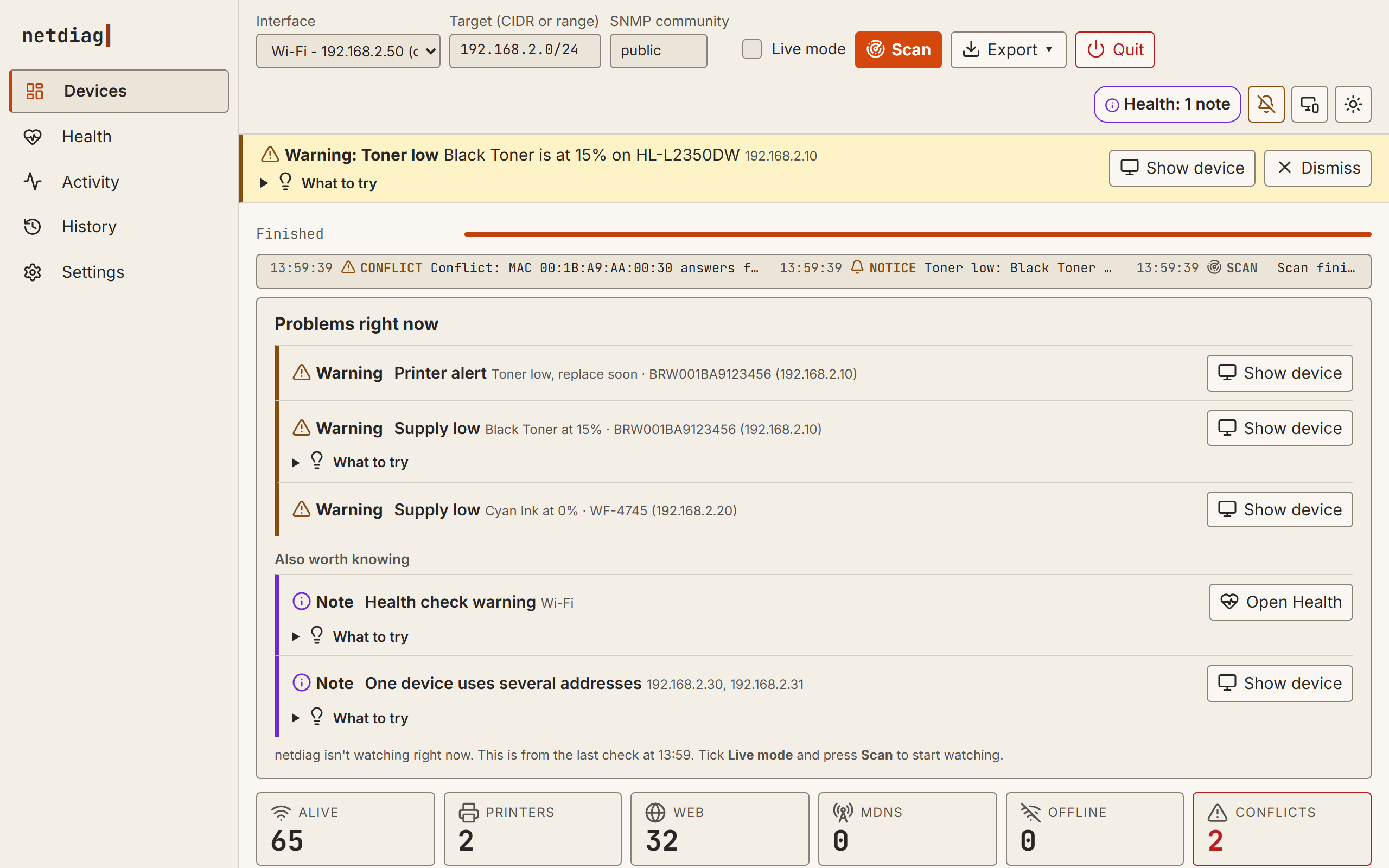 netdiag Devices view in the light theme, with the Problems right now card