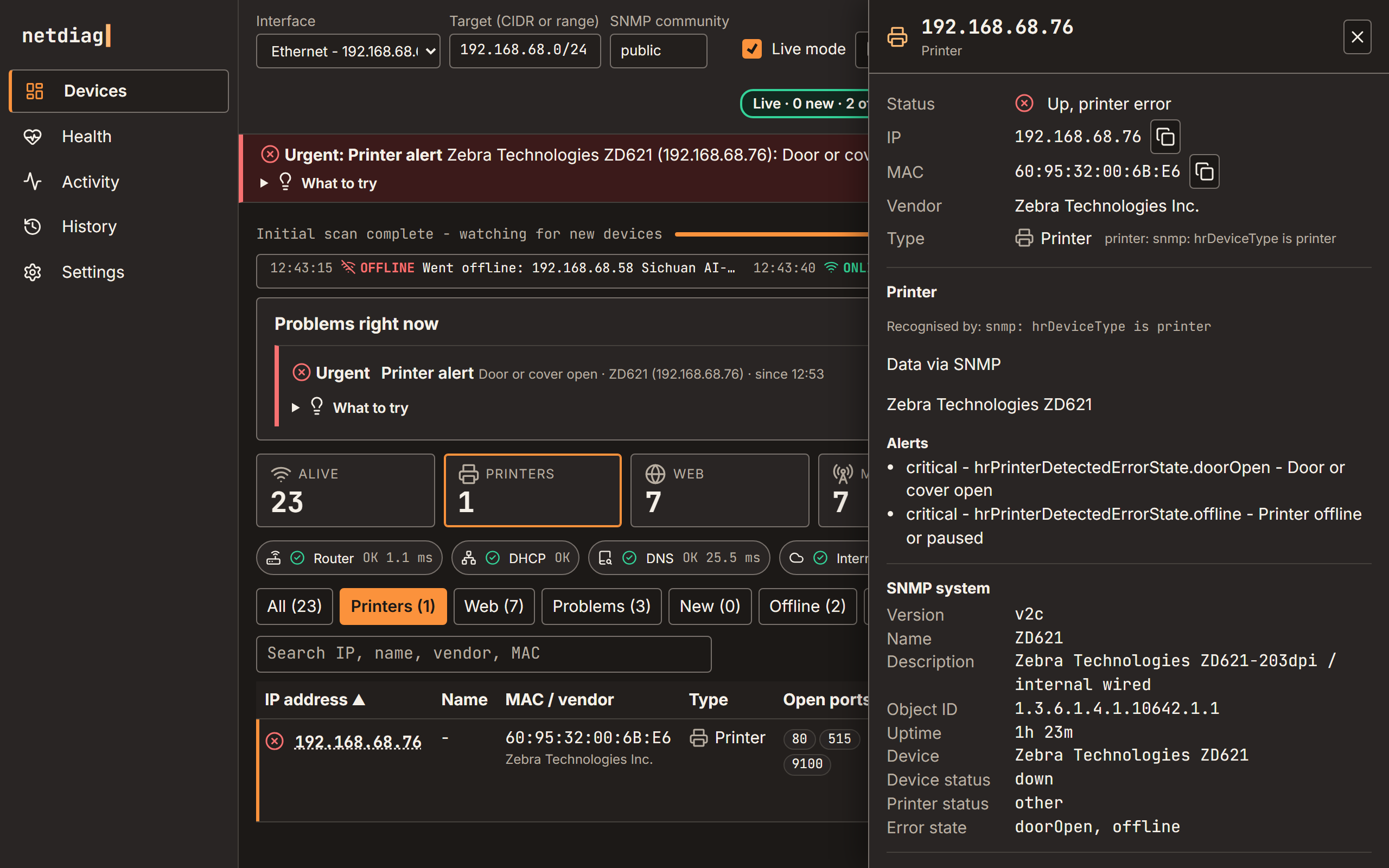 The details drawer for the Zebra during the fault: status Up, printer error; the printer's flags door or cover open and printer offline or paused; SNMP device status down, printer status other, error state doorOpen, offline