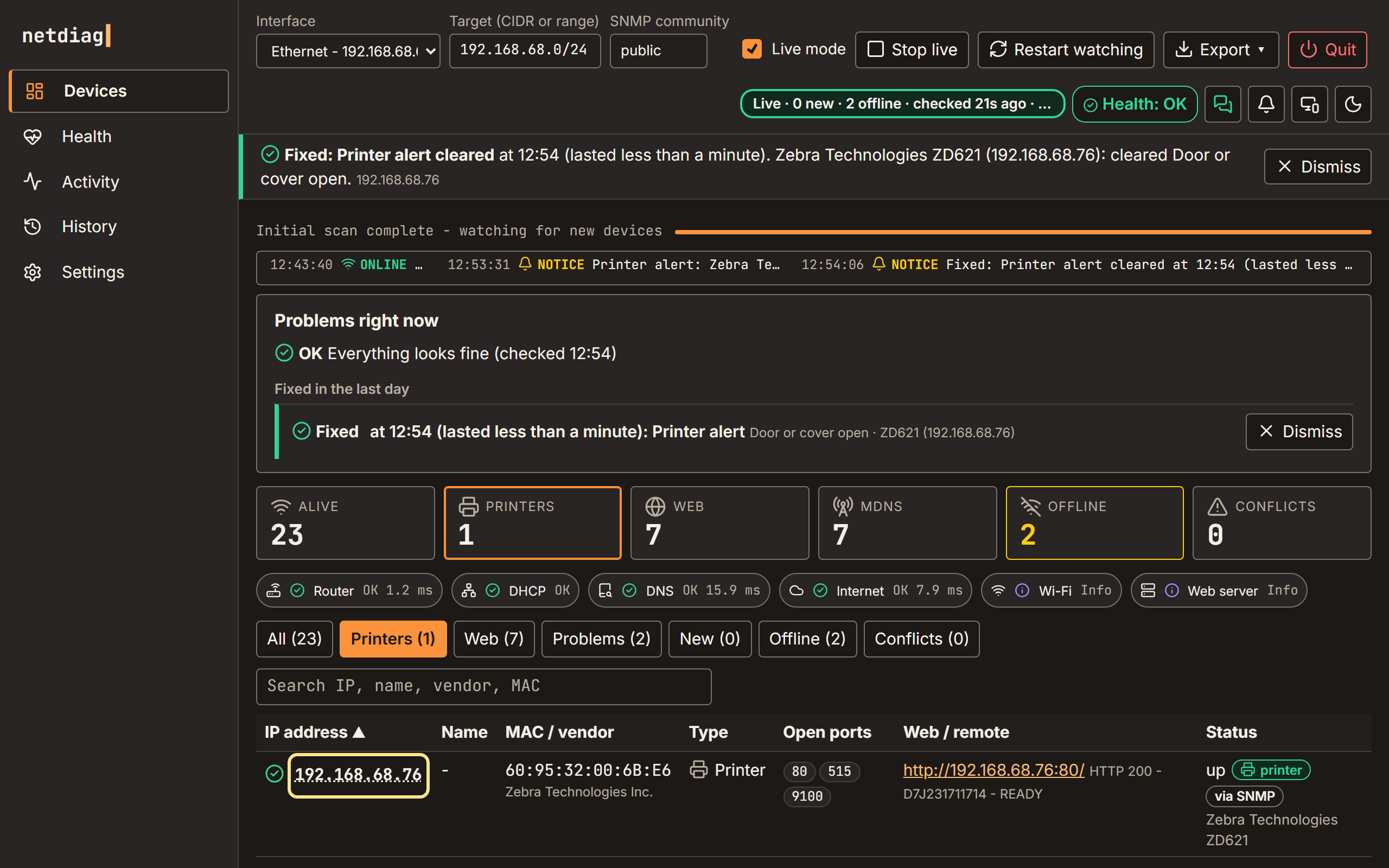 The Zebra back to a green status, with the banner Fixed: Printer alert cleared at 12:54 (lasted less than a minute), cleared Door or cover open, and the same item under Fixed in the last day on the Problems right now card