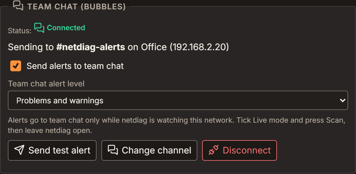 Settings, Team chat (bubbles): status Connected, sending to #netdiag-alerts on Office, the Send alerts to team chat switch, Team chat alert level: Problems and warnings, and the Send test alert, Change channel and Disconnect buttons