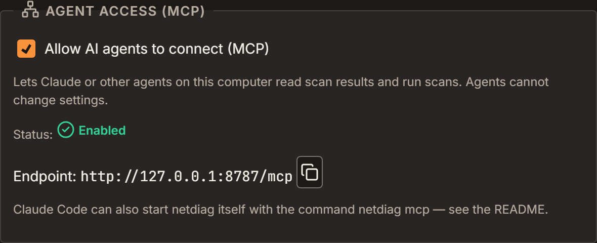 Settings dialog with the Agent access (MCP) switch turned on and the endpoint address with a copy button